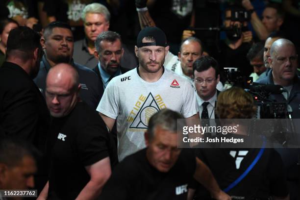 Stipe Miocic prepares to enter the Octagon prior to his heavyweight championship bout against Daniel Cormier during the UFC 241 event at the Honda...