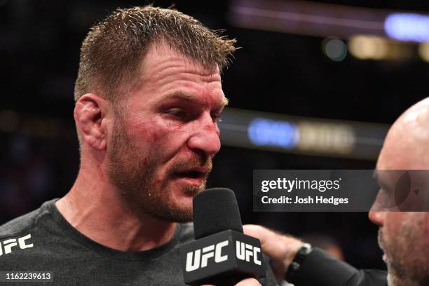 Stipe Miocic is interviewed after his TKO victory over Daniel Cormier in their heavyweight championship bout during the UFC 241 event at the Honda...