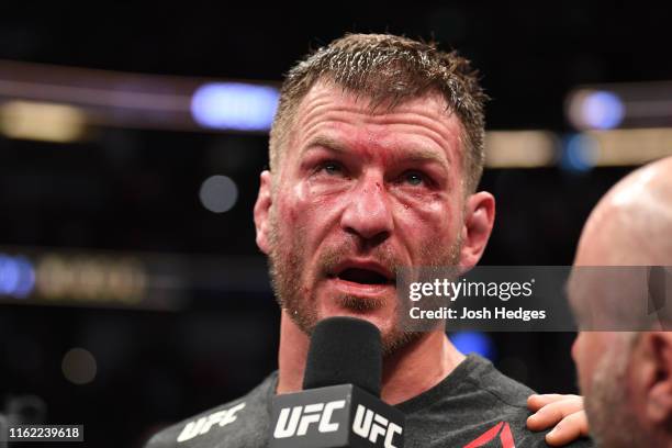 Stipe Miocic is interviewed after his TKO victory over Daniel Cormier in their heavyweight championship bout during the UFC 241 event at the Honda...