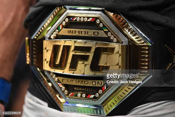 Detail shot of the UFC Legacy Championship Belt during the UFC 241 event at the Honda Center on August 17, 2019 in Anaheim, California.