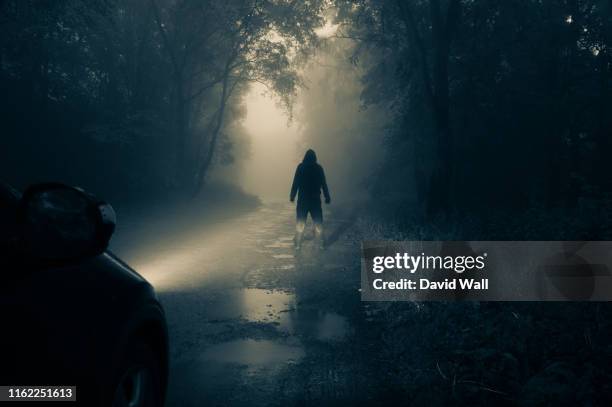 a lone, hooded figure standing in front of a car looking at an empty misty country road silhouetted at night by car headlights - mystery car stock pictures, royalty-free photos & images