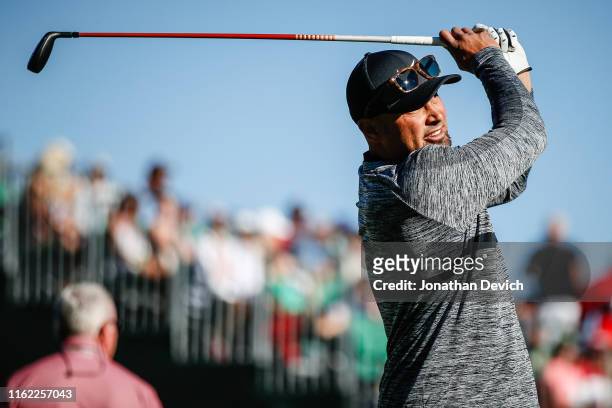 Shane Victorino tees off on the first hole of the first round of the American Century Championship at Edgewood Tahoe Golf Course on July 12, 2019 in...