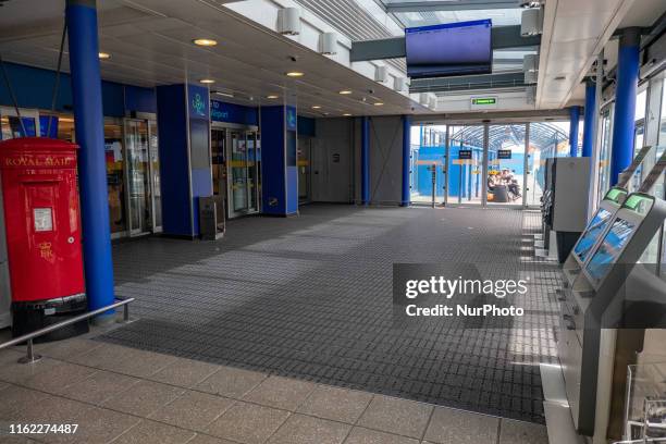 Entrance of London City Airport. The interior of London City Airport LCY EGLC, located in the Royal Docks in Borough of Newham, Silvertown near the...