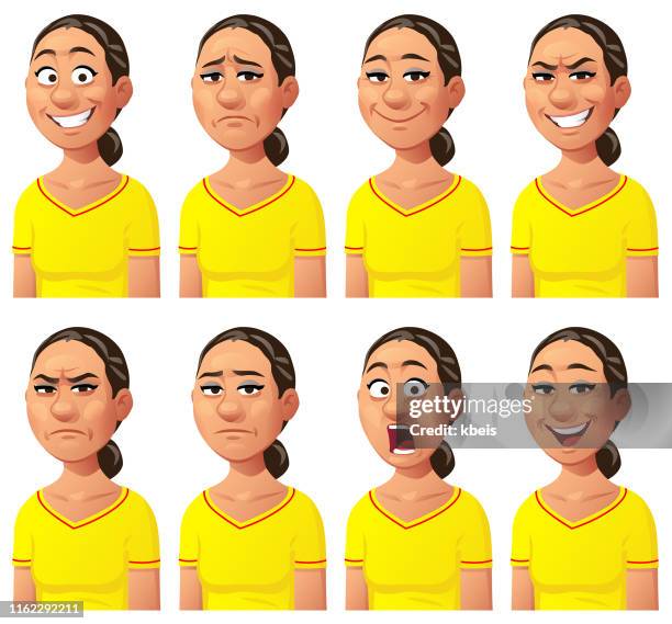 junge frau, die unterschiedliche emotionen ausdrückt - facial expression stock-grafiken, -clipart, -cartoons und -symbole