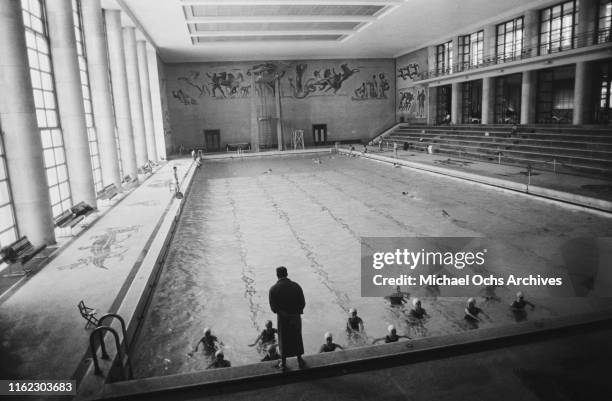 Italian swimmers practicing for an Olympic selection at the Piscina dei Mosaici, venue of the 1960 Summer Olympics located within the Foro Italico...