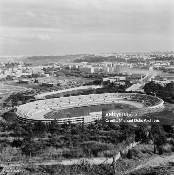 View from above the Stadio Olimpico and the Stadio dei Marmi, venues of the 1960 Summer Olympics located within the Foro Italico sports complex,...