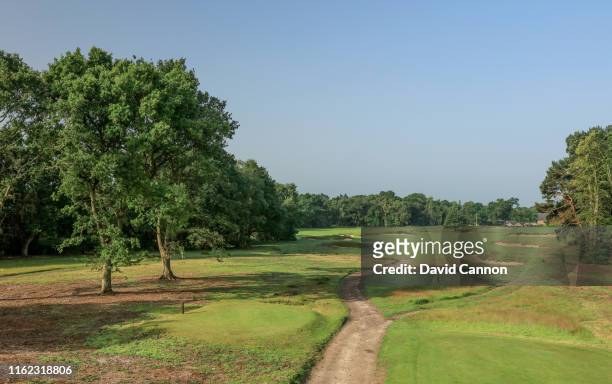 View of the par 5, 18th hole on the Hotchkin Course at Woodhall Spa Golf Club on June 29, 2019 in Woodhall Spa, England.