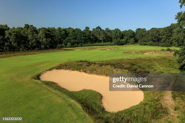 View of the approach to the green on the par 4, 10th hole on the Hotchkin Course at Woodhall Spa Golf Club on June 28, 2019 in Woodhall Spa, England.