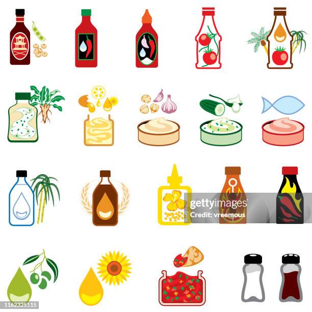 condiments icons, sauces, dips, dressings, seasoning. - white vinegar stock illustrations
