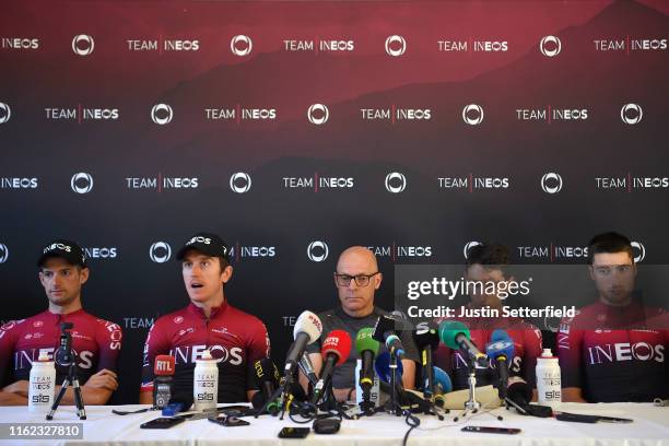 Wout Poels of The Netherlands and Team INEOS / Geraint Thomas of United Kingdom and Team INEOS / Dave Brailsford of United Kingdom Team Manager of...