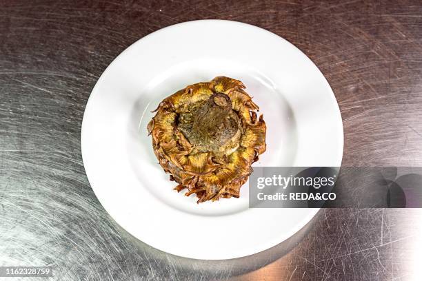 Artichoke cooked in the Giudea. Typical Roman recipe. Rome. Lazio. Italy. Europe.