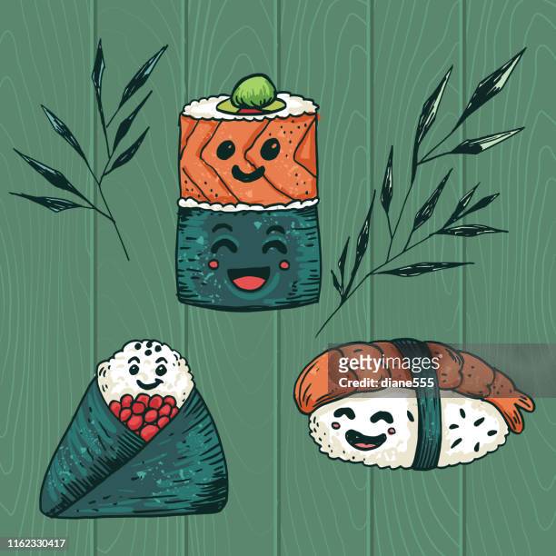 ilustrações, clipart, desenhos animados e ícones de caráteres bonitos de kawaii do sushi - saquê