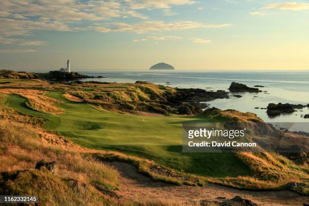 View from behind the green on the par 3, 11th hole on the Ailsa Course at the Trump Turnberry Resort on July 14, 2019 in Turnberry, Scotland.