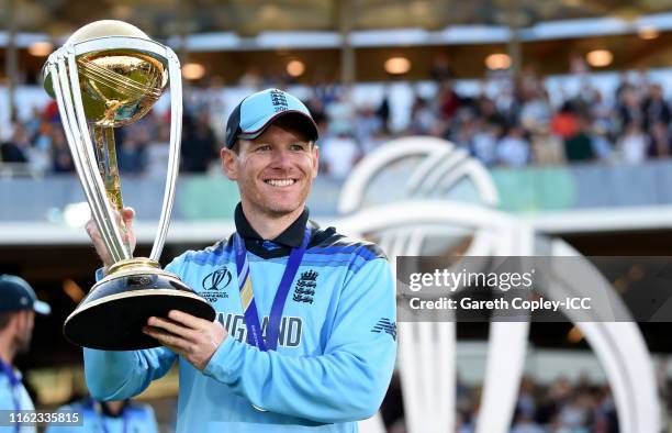 Eoin Morgan of England lifts the Cricket World Cup Trophy during the Final of the ICC Cricket World Cup 2019 between New Zealand and England at...