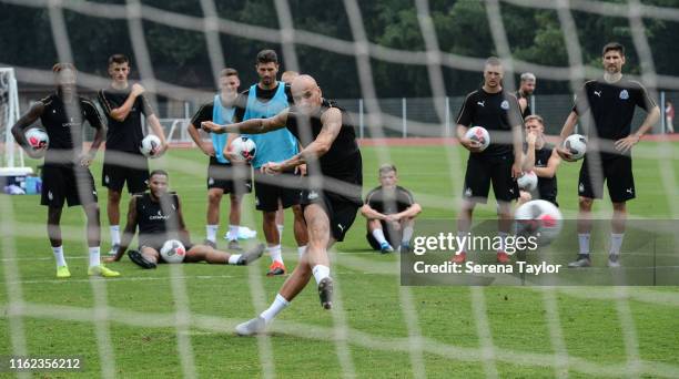 Jonjo Shelvey of Newcastle United takes a penalty during the Newcastle United Training session at Nanjing Olympic Sports Center on July 16, 2019 in...