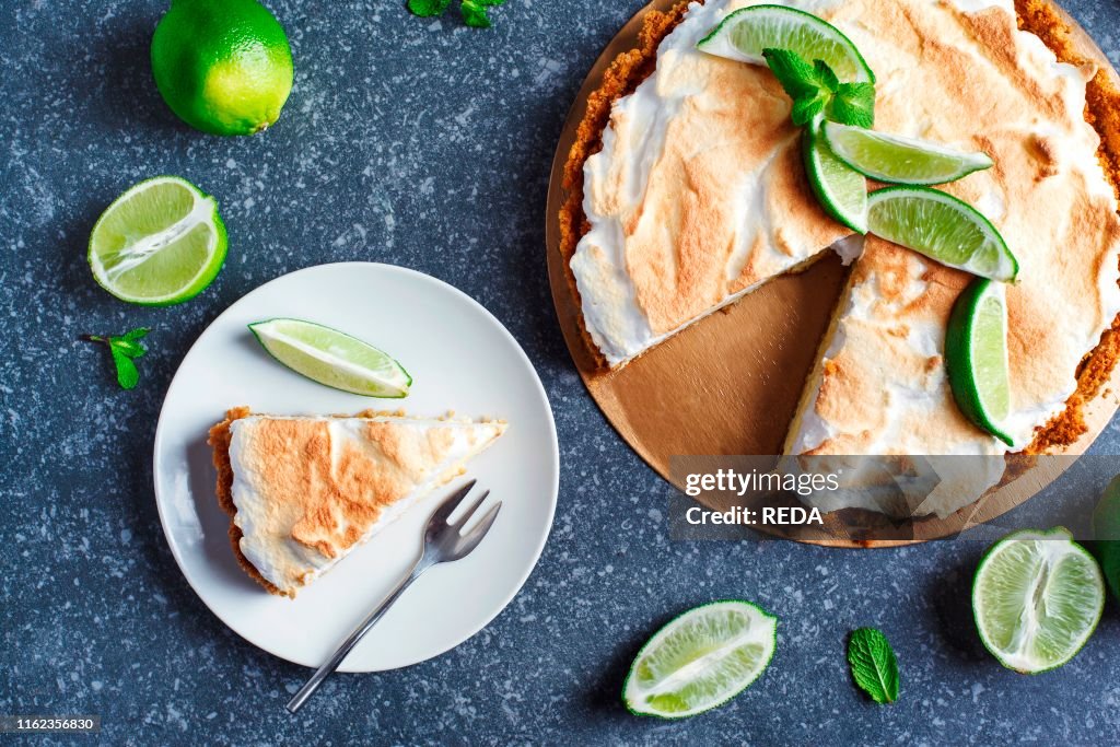 Key Lime Pie. Citrus pie with meringue. top view.