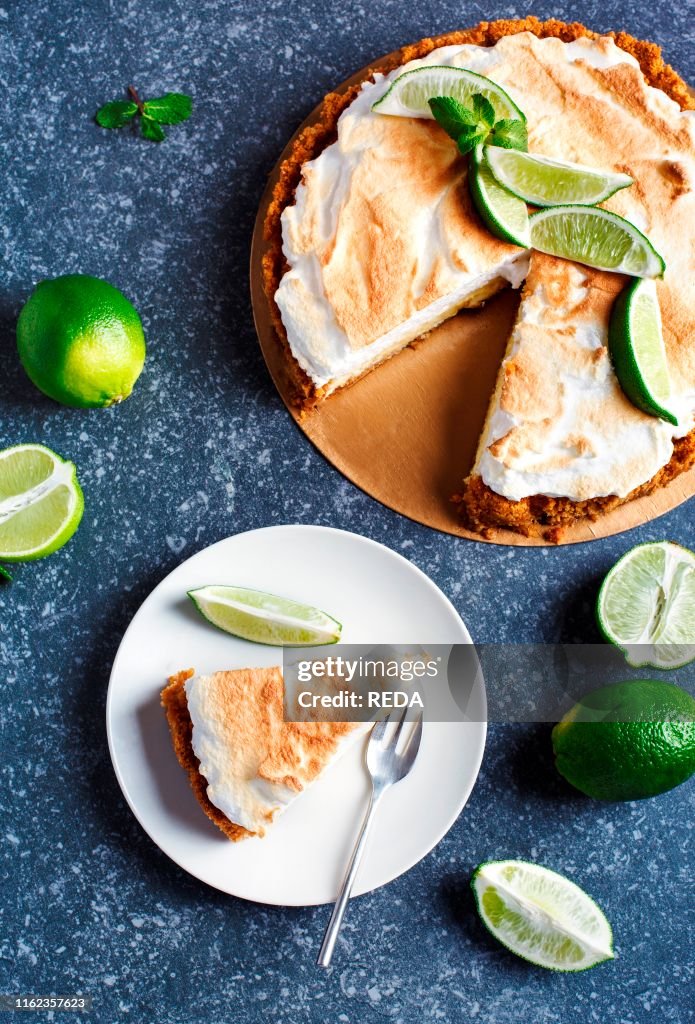 Key Lime Pie. Citrus pie with meringue. top view.