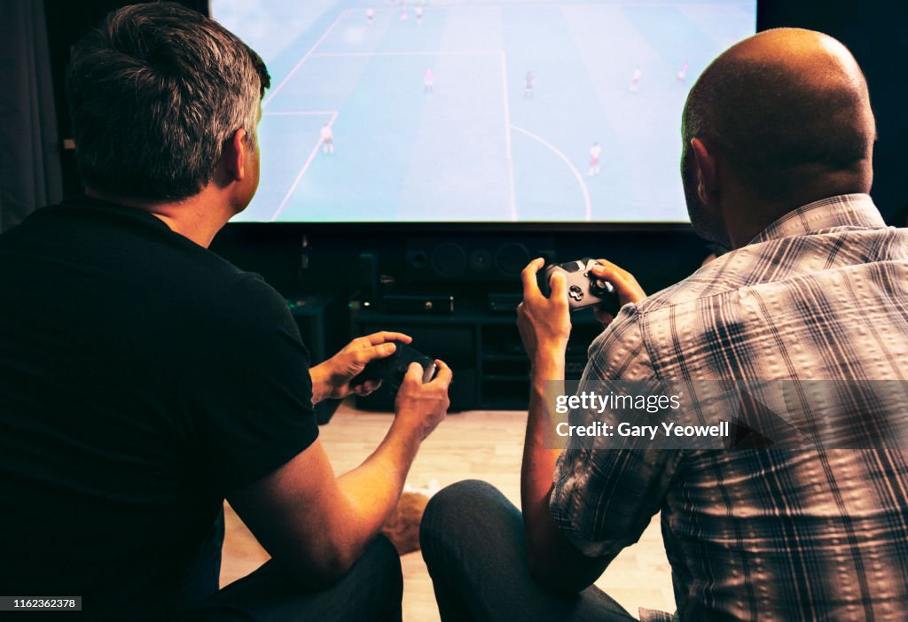 Two men playing video games at home
