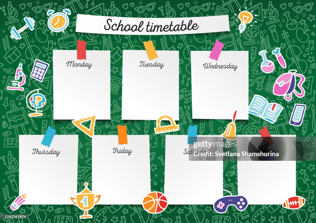 Timetable Portrait Template School Timetable For Students And Pupils Vector Colorful Line ...
