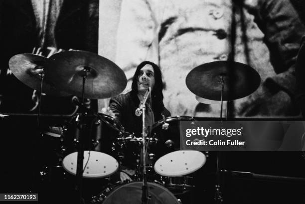 English drummer Mick Avory of rock band The Kinks performing live, circa 1975.