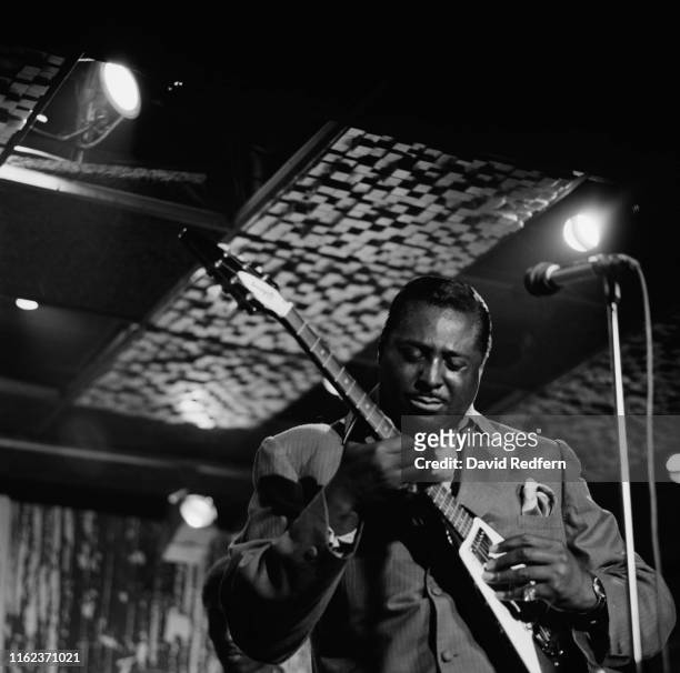 American singer and blues guitarist Albert King performs live on stage playing his Gibson Flying V guitar at Ronnie Scott's Jazz Club in Soho, London...