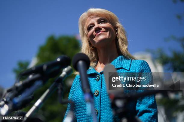 White House Counselor to the President Kellyanne Conway talks to reporters outside of the West Wing July 16, 2019 in Washington, DC. Conway defended...
