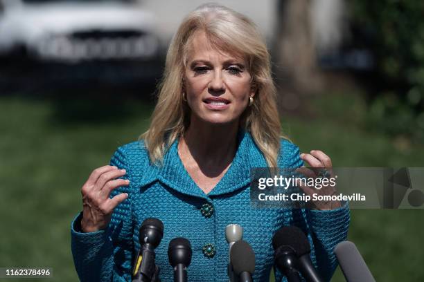 White House Counselor to the President Kellyanne Conway talks to reporters outside of the West Wing July 16, 2019 in Washington, DC. Conway defended...