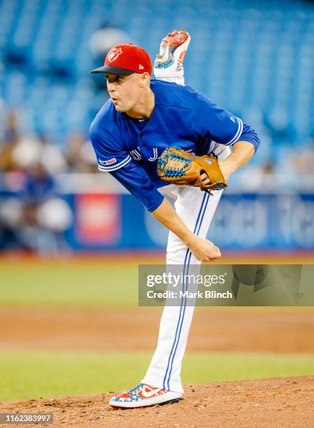 Aaron Sanchez of the Toronto Blue Jays pitches to the Baltimore Orioles in the second inning during their MLB game at the Rogers Centre on July 5,...