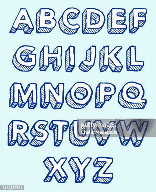 alphabet sketch 3d hatching - 3d letters stock illustrations