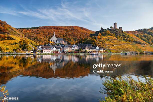 beilstein resort town and vineyards in mosel wine valley at autumn - mosel valley stock pictures, royalty-free photos & images