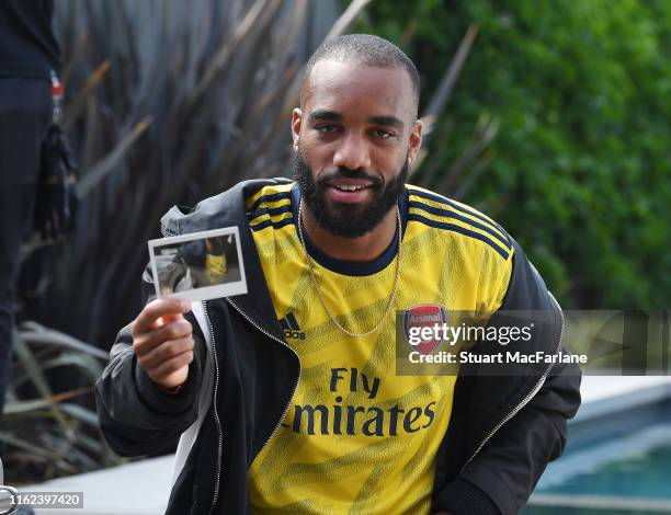 Alex Lacazette takes part in a photo shoot to launch the new Arsenal away kit on July 13, 2019 in Los Angeles, California.