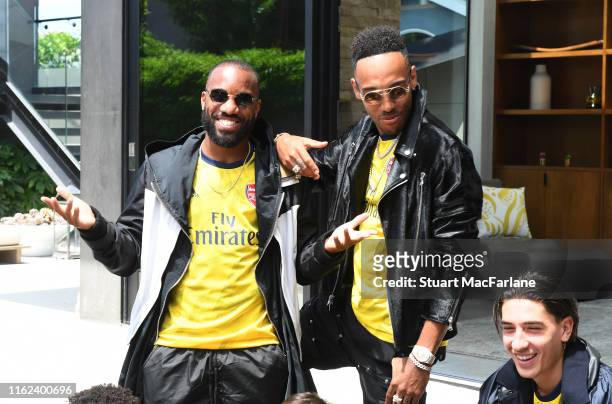Alex Lacazette and Pierre-Emerick Aubameyang take part in a photo shoot to launch the new Arsenal 2nd kit on July 13, 2019 in Los Angeles, California.