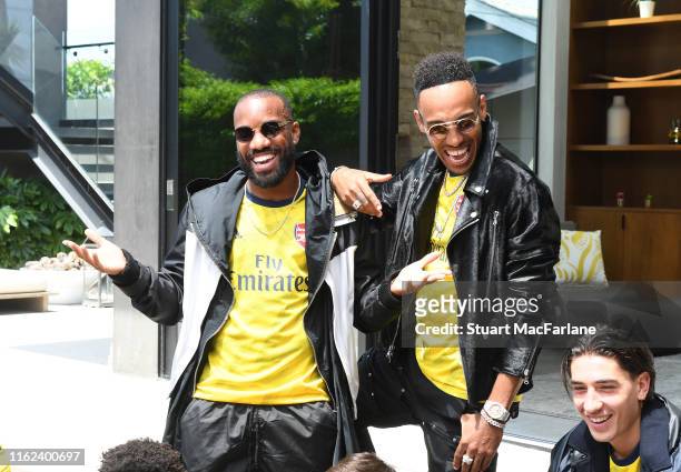 Alex Lacazette and Pierre-Emerick Aubameyang take part in a photo shoot to launch the new Arsenal 2nd kit on July 13, 2019 in Los Angeles, California.