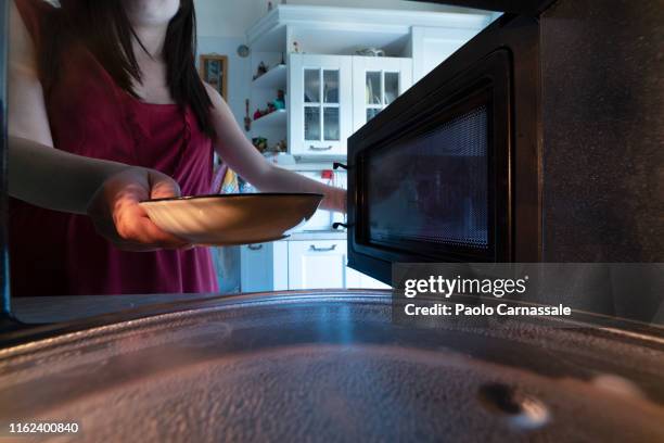 young woman introducing plate in microwave oven view from inside - microwave photos et images de collection