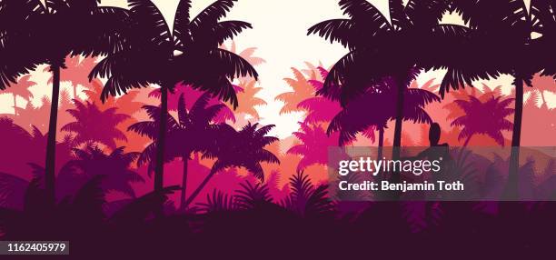 flat minimal palm tree forest on a tropical beach background - coconut pattern stock illustrations