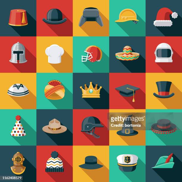 hats and helmets flat design icon set - hat stock illustrations
