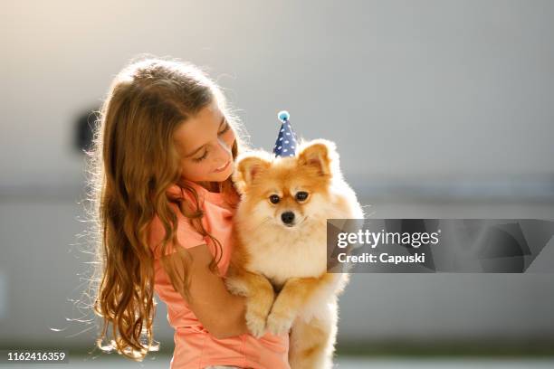 girl holding her dog wearing birthday hat - dog birthday stock pictures, royalty-free photos & images