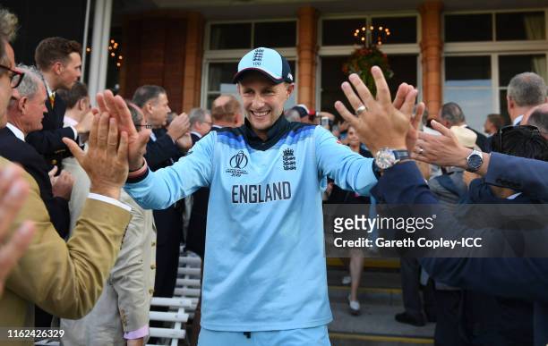 Joe Root of England walks from the pavilion after winning the Final of the ICC Cricket World Cup 2019 between New Zealand and England at Lord's...