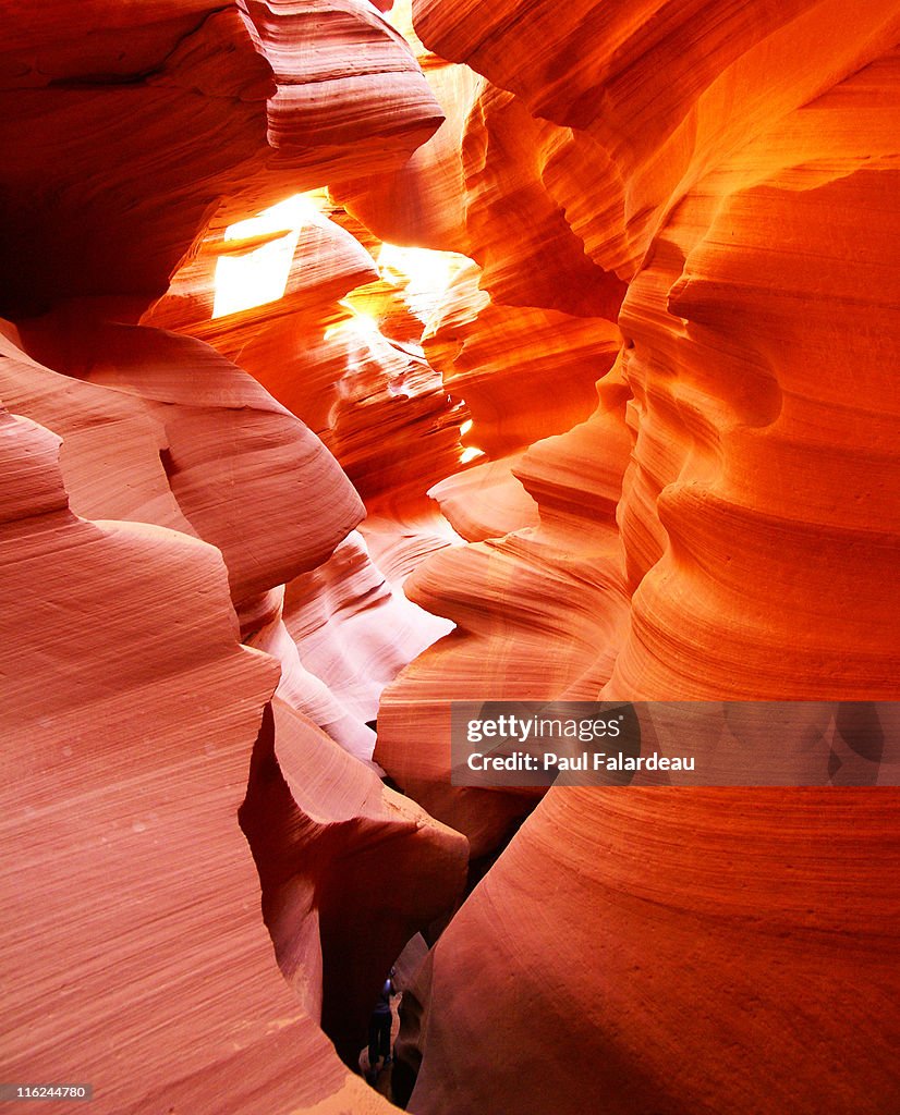 Sunlight on red sandstone in lower Antelope Canyon