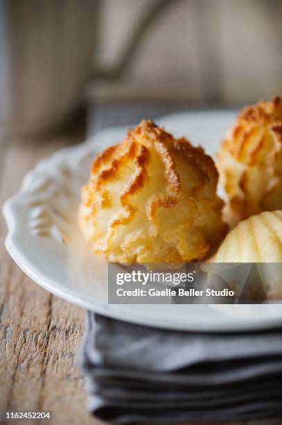 coconut macaroons and madeleine on plate - macaroon photos et images de collection