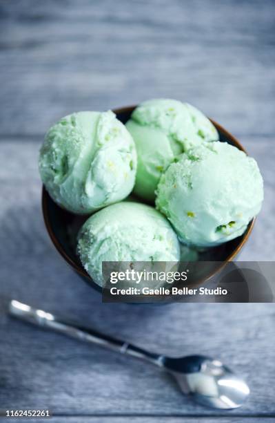 bowl of mint ice cream with spoon - mint ice cream stock pictures, royalty-free photos & images