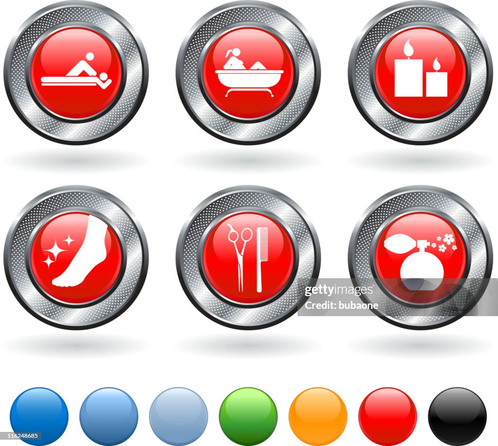 Spa treatment vector icon set on buttons with metallic border