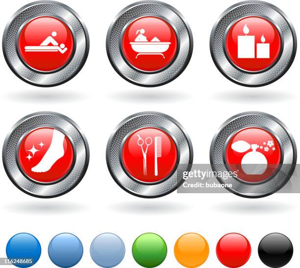 spa treatment vector icon set on buttons with metallic border - pedicure stock illustrations