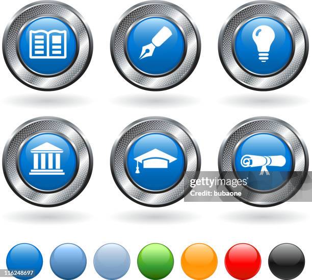 education vector icon set on buttons with metallic border - graduation hat border stock illustrations