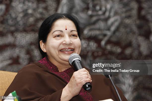 Tamil Nadu Chief Minister J Jayalalithaa during a news conference in New Delhi on Tuesday, June 14, 2011.