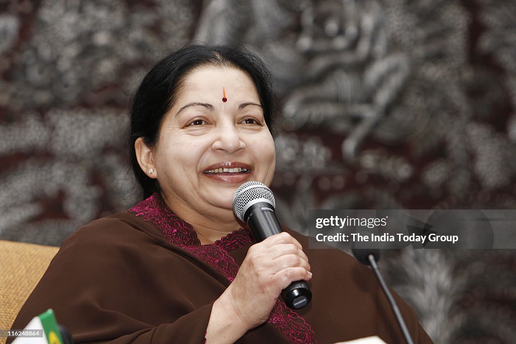 Jayalalithaa during a news conference in New Delhi