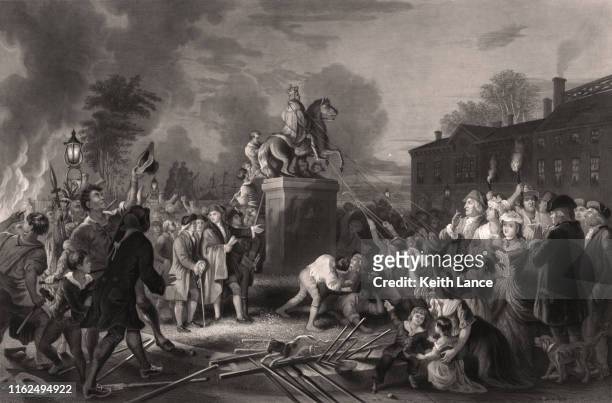 pulling down the statue of king george iii, bowling green, ny, 1776 - the american revolution stock illustrations