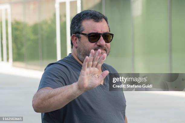 Agent Mino Raiola accompanies Matthijs De Ligt as he arrives in Turin ahead of his signing with Juventus FC on July 17, 2019 in Turin, Italy.