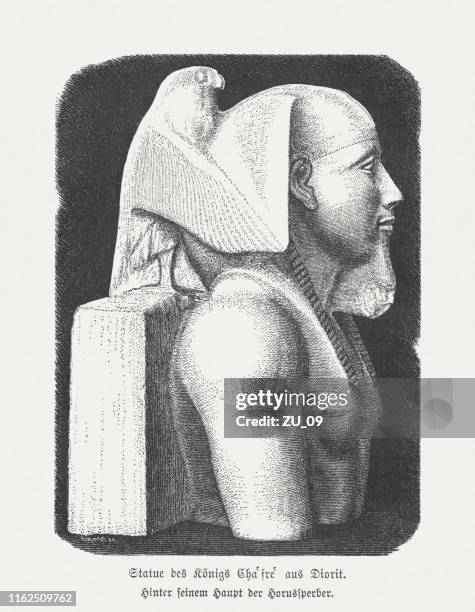 egyptian pharaoh khafra, ancient diorite sculpture, wood engraving, published 1879 - pharaoh stock illustrations