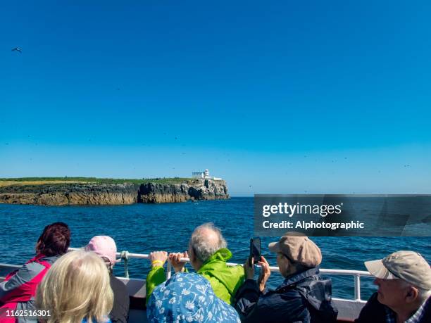 seahouses to farne islands ferry on a bright sunny summer's day - bamburgh stock pictures, royalty-free photos & images